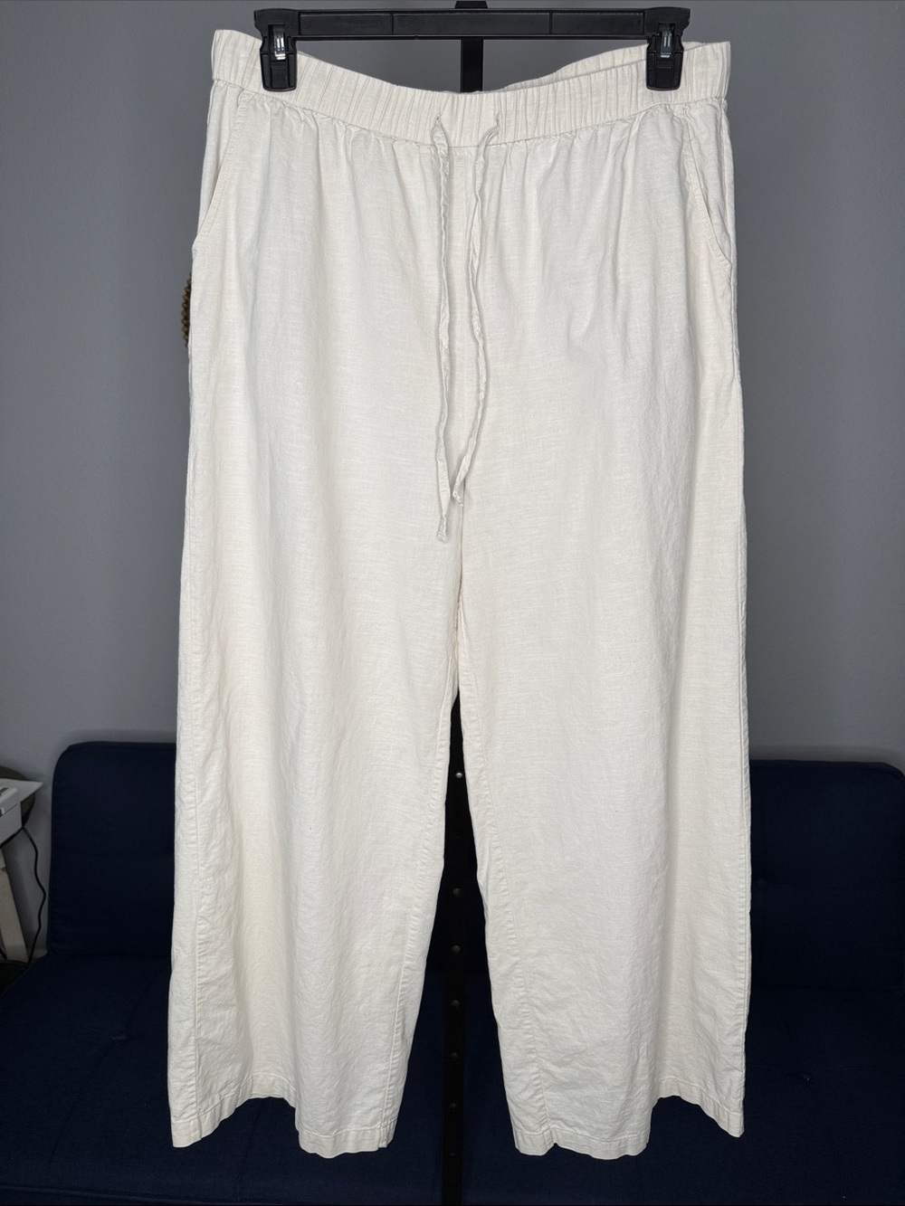 Linen Cotton Light Beige Wide Leg Coastal Lagenlook Drawstring Pants in XL Tall